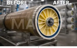 Kirli ve temiz 8 inç endüstriyel ters ozmoz (RO) membranlarının yan yana karşılaştırıldığı, ‘Before’ (kirli) ve ‘After’ (temiz) olarak etiketlenmiş, üzerinde şeffaf MAYER filigranı bulunan yüksek çözünürlüklü görsel. Solda biofouling ve tortu ile kaplanmış membran, sağda ise tamamen temiz ve parlak bir membran housing’i görülüyor.