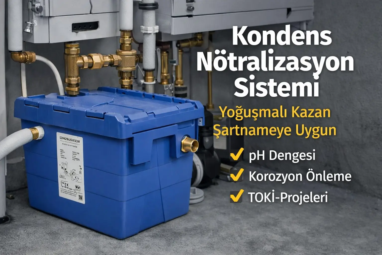 NÖTRALİZASYON TOKİ projelerine uygun kondens nötralizasyon sistemi, yoğuşmalı kazan kondens suyunu nötr hale getirir.