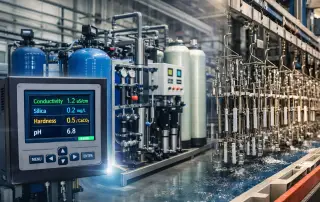 Yüzey işlem tesisinde saf su arıtma sistemleri, iletkenlik ve silika değerlerini gösteren kontrol paneli, ters ozmoz ve deiyonizasyon üniteleri ile metal kaplama hattında durulama ve kaplama işlemlerinin birlikte yer aldığı endüstriyel üretim sahnesi.